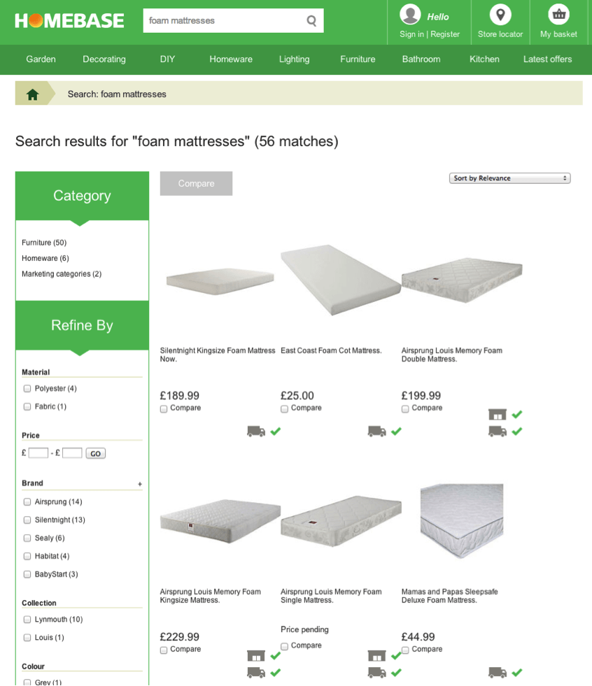 Homebase Mattresses search results page