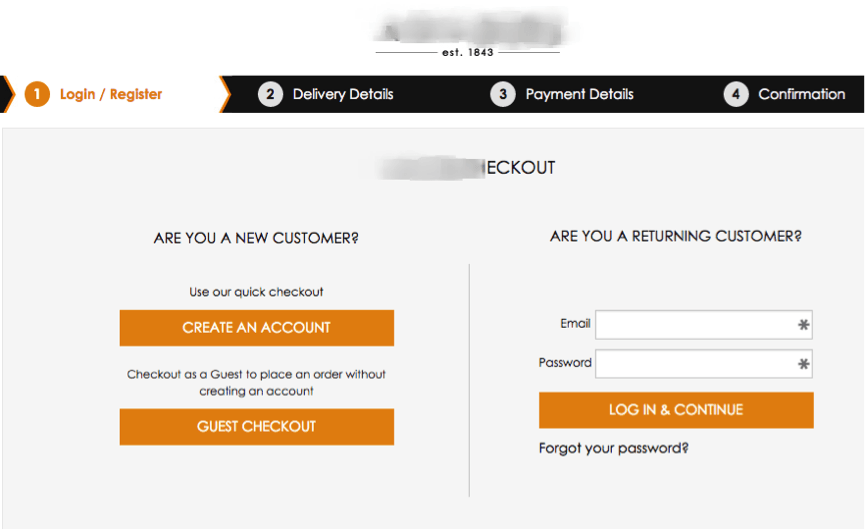 guest checkout or existing customer page in online checkout journey