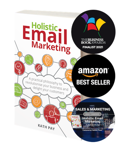 a render of Holistic Email Marketing, with badges of awards: Finalist 2021, and Highly Recommended from The Business Book Awards, and Amazon Best Seller.