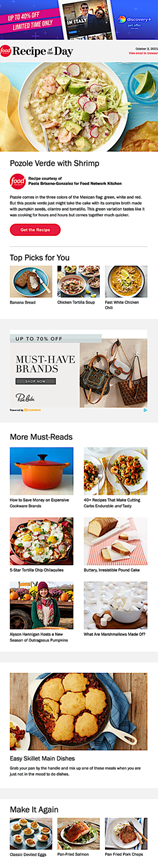 You can see this serendipitous mix of default and personalised content in the Food Network's Recipe of the Day email, below. Look for modules of dynamic content ("Top Picks for You," "Make It Again") sandwiched among layers of business-goal and random content. Personalisation meets AI.