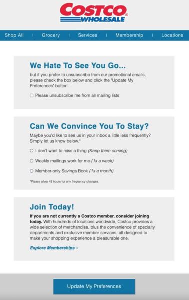 Costco with unsubscribe options as an example of unclear unsub options (there are several)