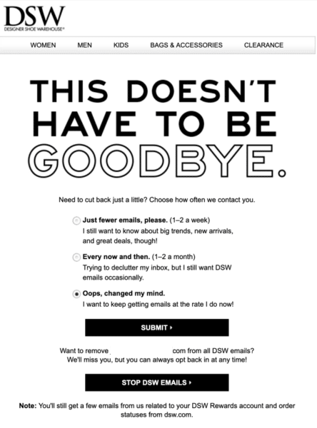 DSW unsubscribe box - this doesn't have to be goodbye