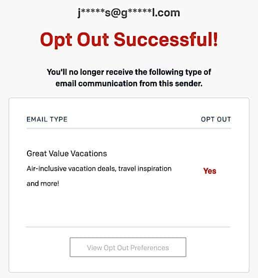 opt out successful box with the text "You'll no longer receive the following type of email communication from this sender."