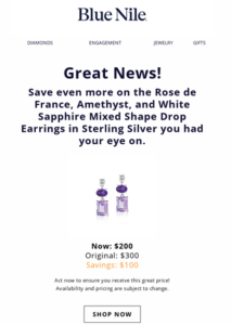 Blue Nile great news eshot offering earrings at a discounted price