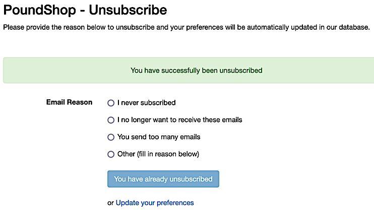Unsubscribe box with "PoundShop - Unsubscribe" in header with a few reasons listed for why you are unsubscribing