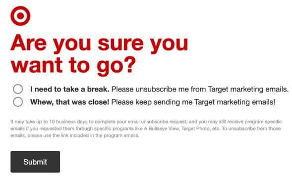 Target unsubsribe text - are you sure you want to go?