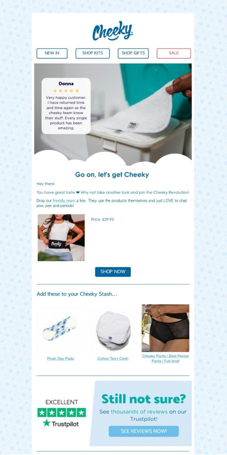 cheeky wipes email sample - header text 'go on, let's get cheeky'