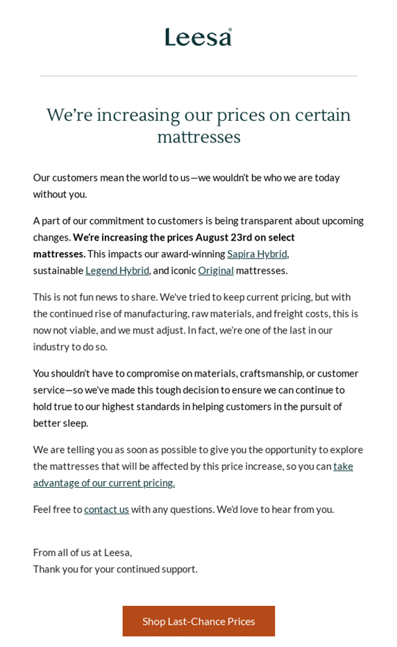 leesa email about matresses being sold 